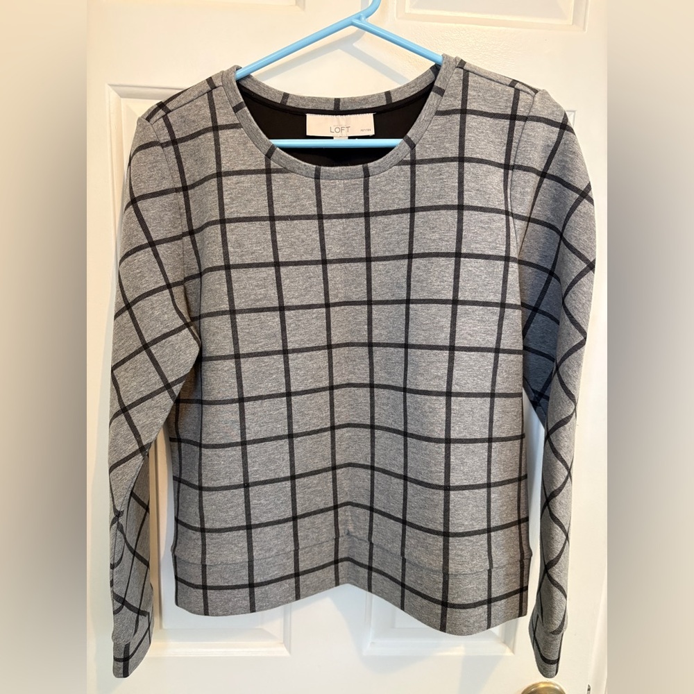 LOFT Black and Gray Checkered Top Petite